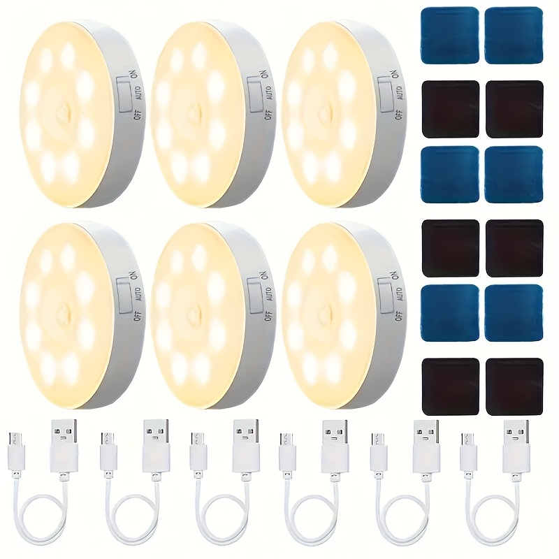 6pcs indoor motion sensor light 8led round wall lamp usb charging built in battery with switch and motion sensor suitable for office cabinet   stairs bedroom bedside garage sensing light