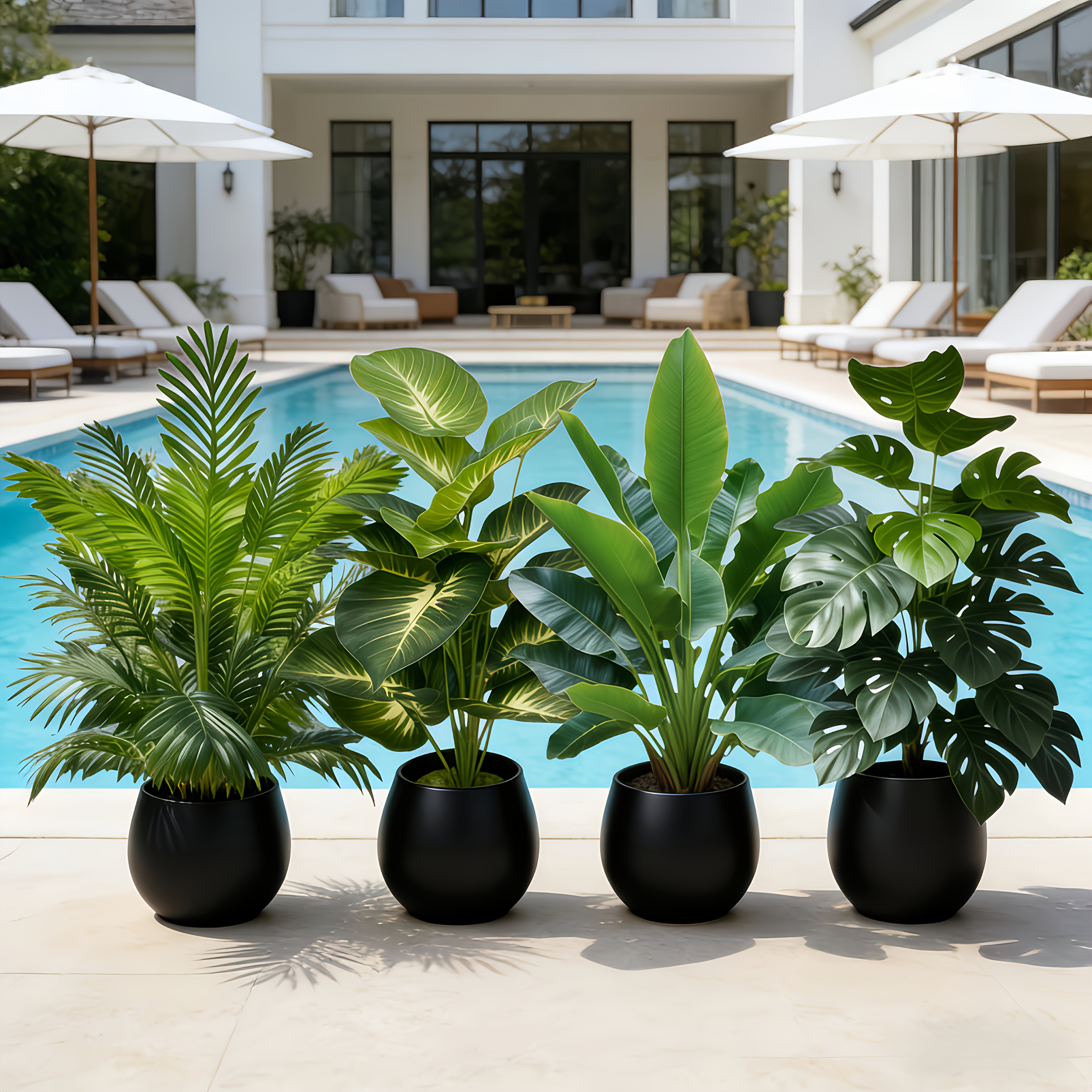 4pcs Set - Includes 48 Large Leaves of Large Outdoor Artificial Green Plant Loose Palm Tree Combo - DHOEM Wedding Garden Modern Decoration, Maintenance-Free Four-Season Evergreen Wealth Tree Artificial Plant | Pothos Evergreen Potted Plant, Nordic