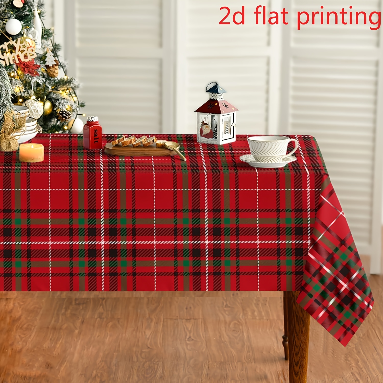 TEMU Tablecloth, 1pc, 2d Flat, Rectangular Tablecloth With Red, Black, And Green Christmas Pattern. Christmas Style, A Warm And Festive Atmosphere.