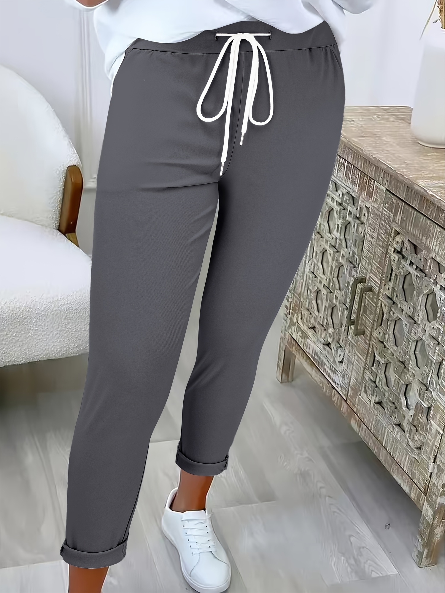 womens solid color casual wide pants with elastic drawstring waist trousers suitable for casual attire semi formal attire machine washable solid color pants