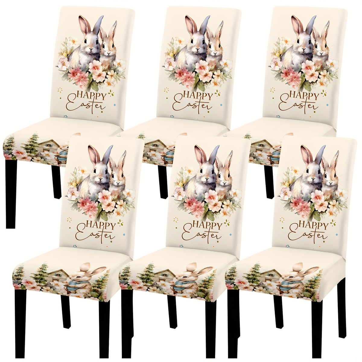 4/6pcs Base With Hand-painted And Rabbits, Full Of Festive Atmosphere, Easter Pattern, Print, Elastic Fabric Chair Covers, Suitable For Easter Indoor Home Dining Decor; Attractive , Reusable