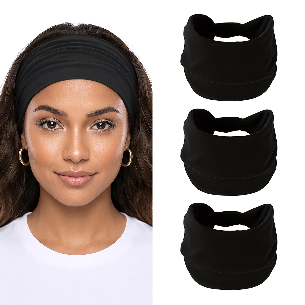 TEMU 3pcs/set, Solid Color Elastic Sports Headband, Wide Yoga Headband, Casual Unisex Headband, Fashionable Wide Knotted Headband, Headscarf Hair