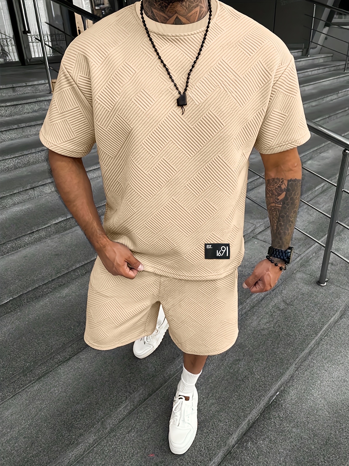   obm mens trendy round neck t shirt summer jacquard rhombus design casual sportswear set two piece outfit