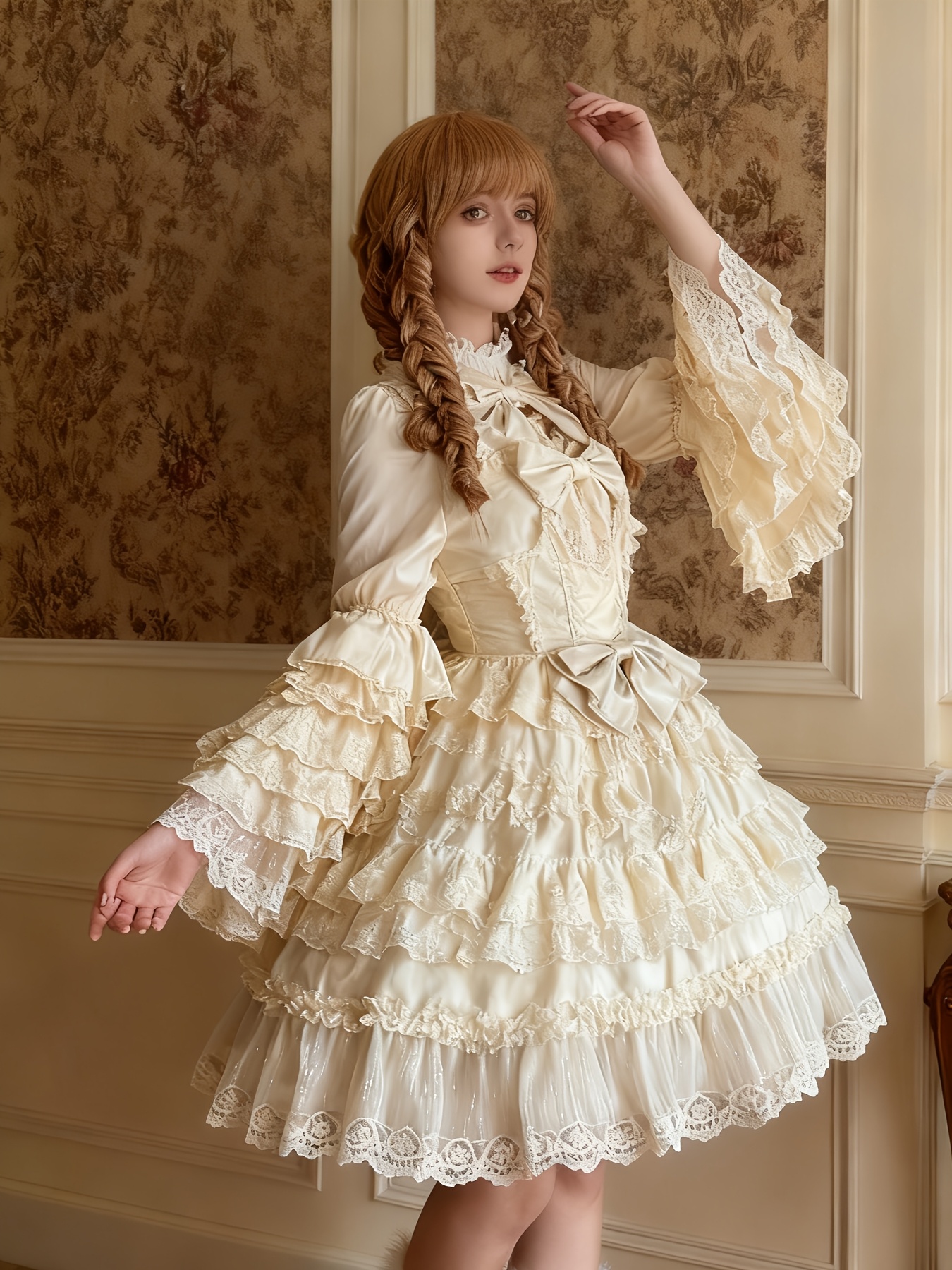 white long sleeve holiday dress Amy Formal Crepe Faux Pearl Sleeve Midi Dress