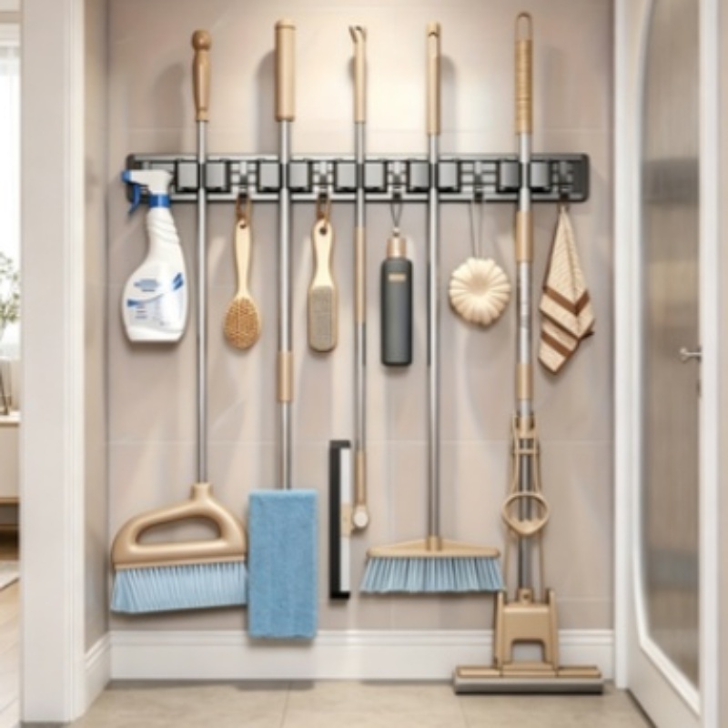 TEMU Soporte de metal resistente para trapeadores y escobas con ganchos desmontables, estante de almacenamiento de pared, para el hogar, cocina,