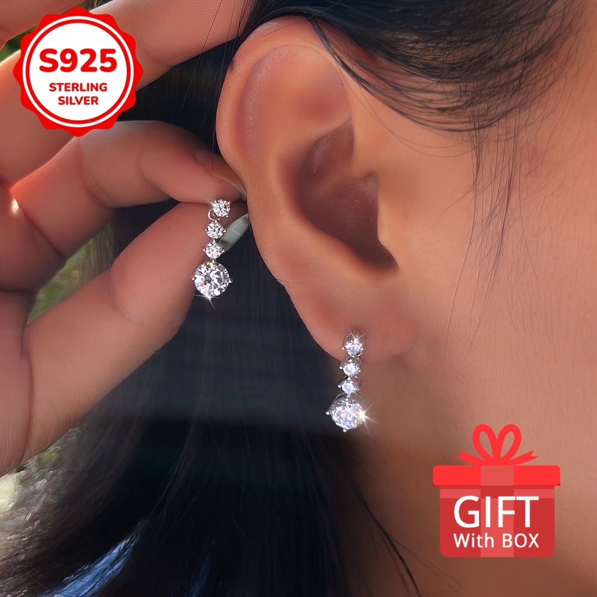 Women's S925 Silver Four Round Zirconia Drop Dangle Earrings