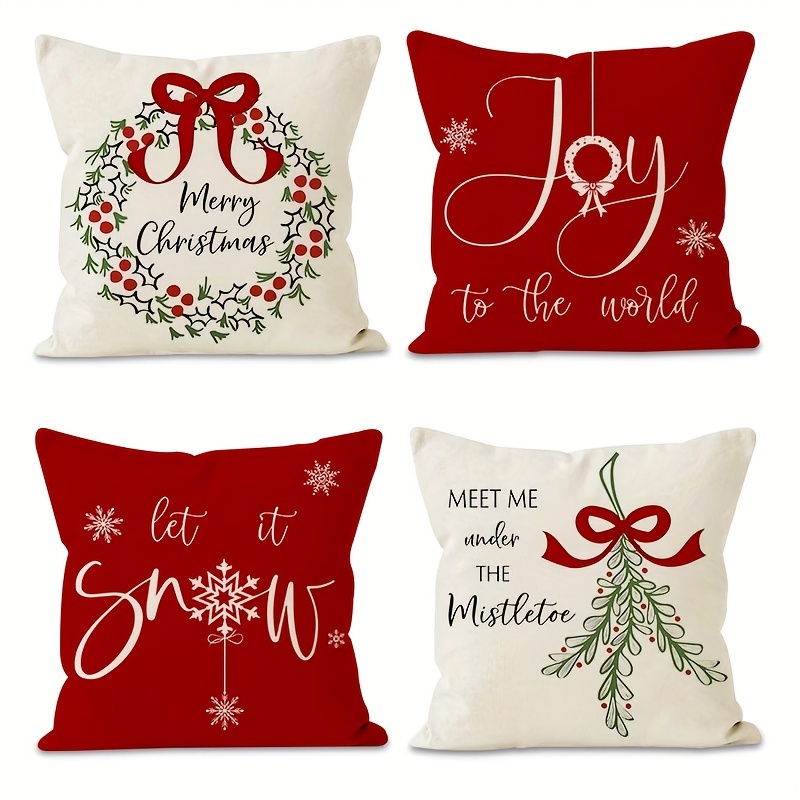 4pcs Christmas Pillow Cover Christmas Decorations, Snow Christmas Santa Trees Leaf Sleigh Rides Reindeer, Rustic Country Holiday Decor Throw Pillows Cases 18inchx18inch No Pillow Insert