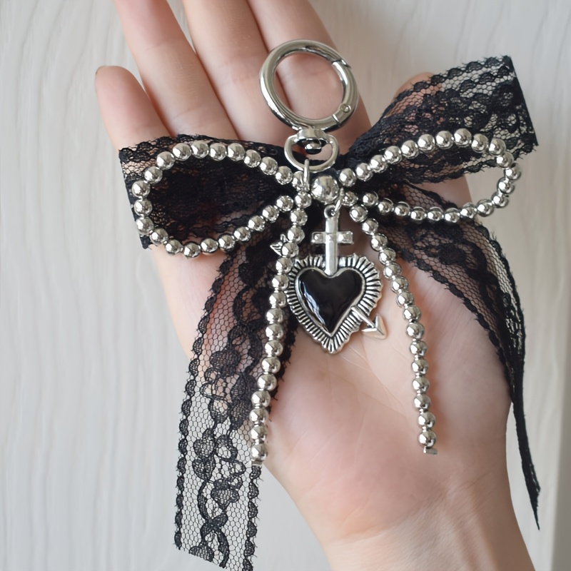 1pc/lace Bow Keychain With Heart Pearl Women's Key Ring, Phone Strap