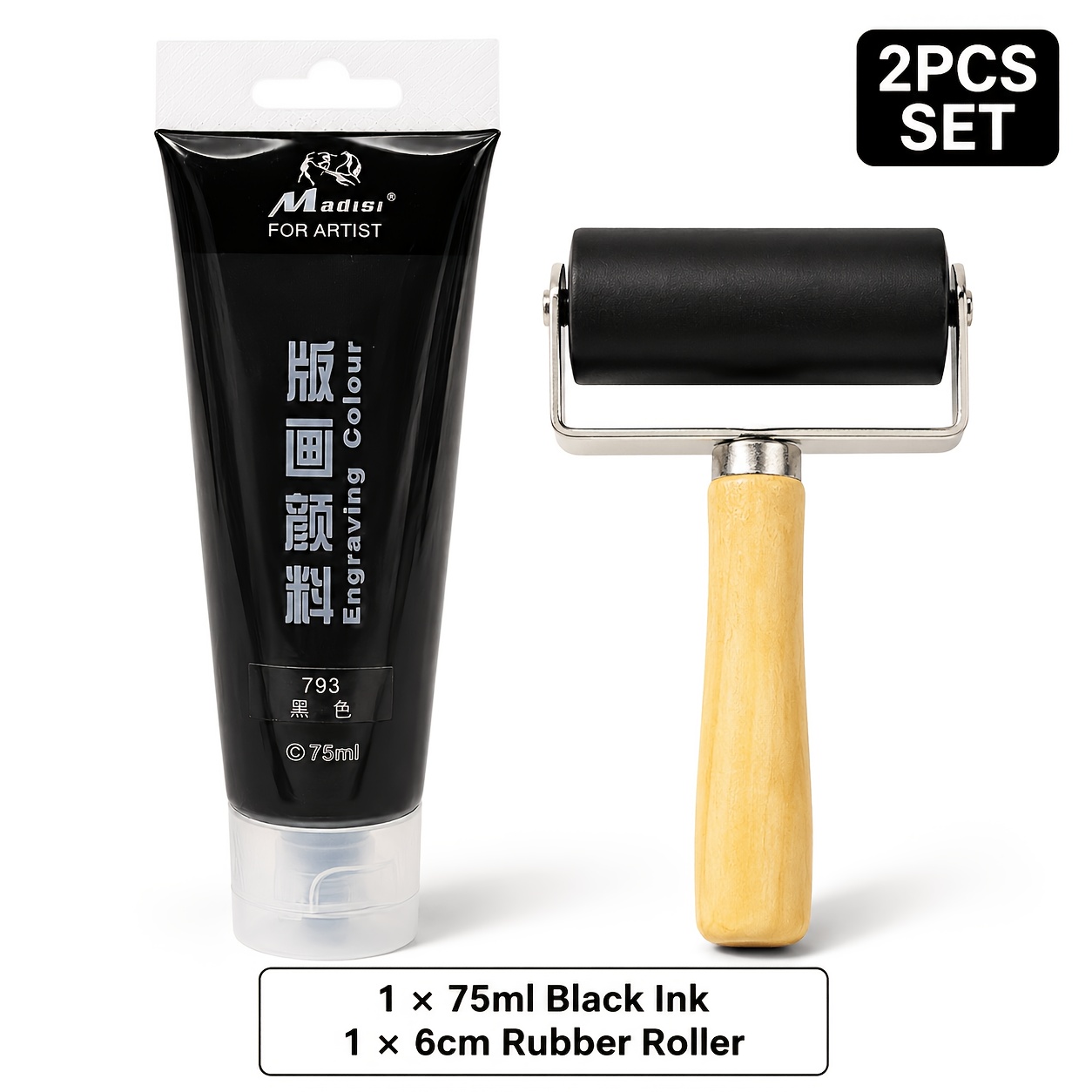 TEMU Ensemble d'encre de noirs de 75 ml avec rouleau de brayer en caoutchouc de 6 cm, couleur d'impression lisse pour , tampons, cartes, scrapbooking