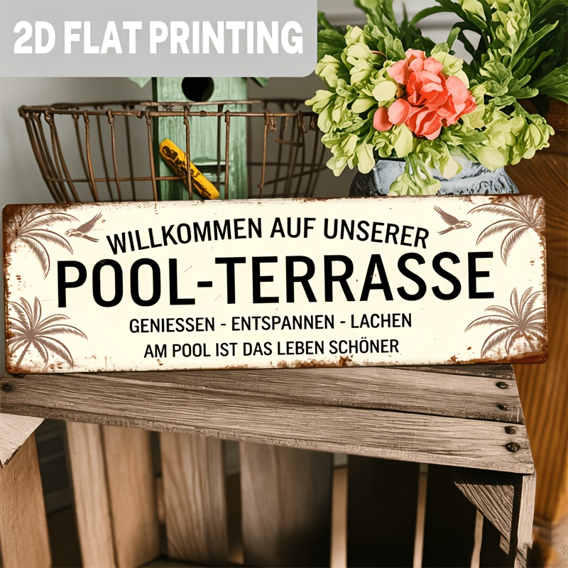Image of 2d Flat, 1pc, German Vintage Welcome To Our Pool Terrace Sign, Wall Decor With A Relaxing And Life Theme For Home, Patio, Backyard, Poolside, Garden, Decorative Sign, 5x16 Inches, 2d Flat