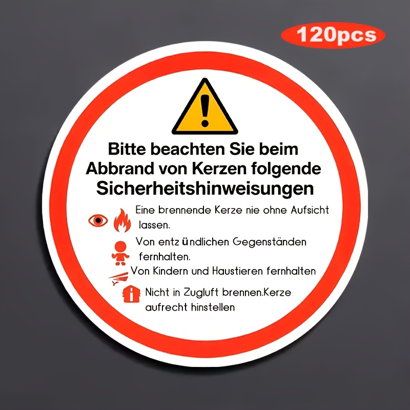 120pcs Safety Warning Labels, Fire Safety Warning Stickers From Germany, Eu Standard Candle Round Labels, With German Language And Symbols (flame, , Of ) Warning Labels, .65in