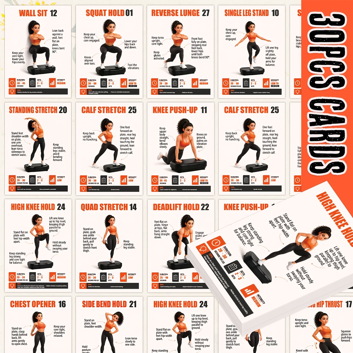 TEMU 30pcs Vibration Plate Exercise Postcards, For Beginners - Full Body Balance Training Card Set With Illustrations, Including , Stretch & Core -