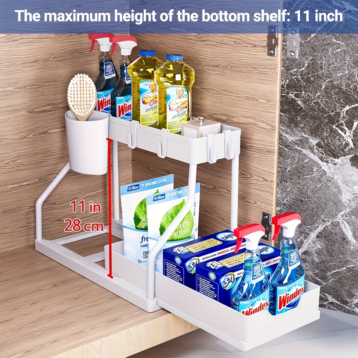 Space- 2-tier Pull-out Storage Rack- Durable Plastic, Ideal For Kitchen And Bathroom Organization, Holds Bottles, Spices, And Utensils