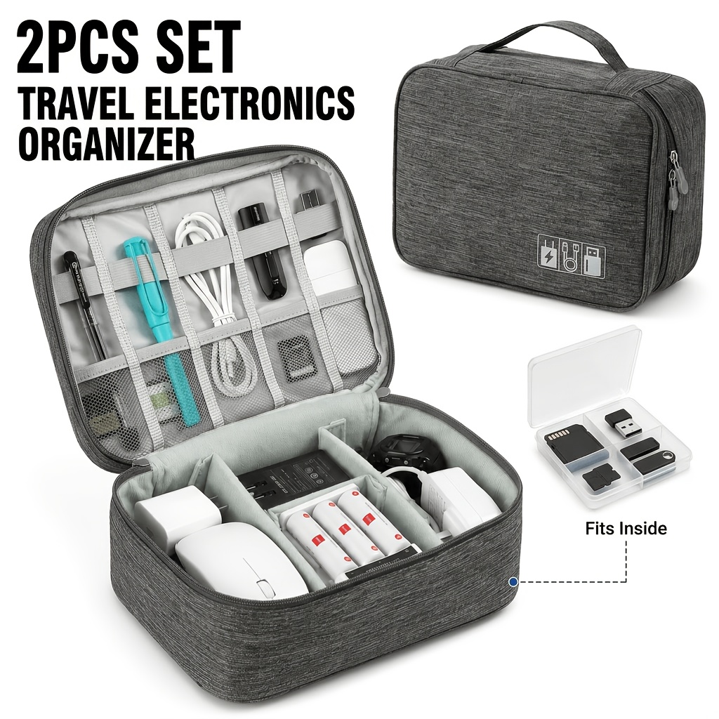 TEMU 2pcs Travel Electronics Organizer Set With Cable Storage Bag And 4-grid Mini Case, Multi-compartment Tech Additions Pouch With Mesh Pockets And