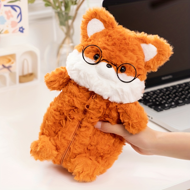 

Cute Fox Plush Pencil Case With Glasses - Large Capacity Soft Polyester Zipper Pen Bag For School, Boys, And Girls