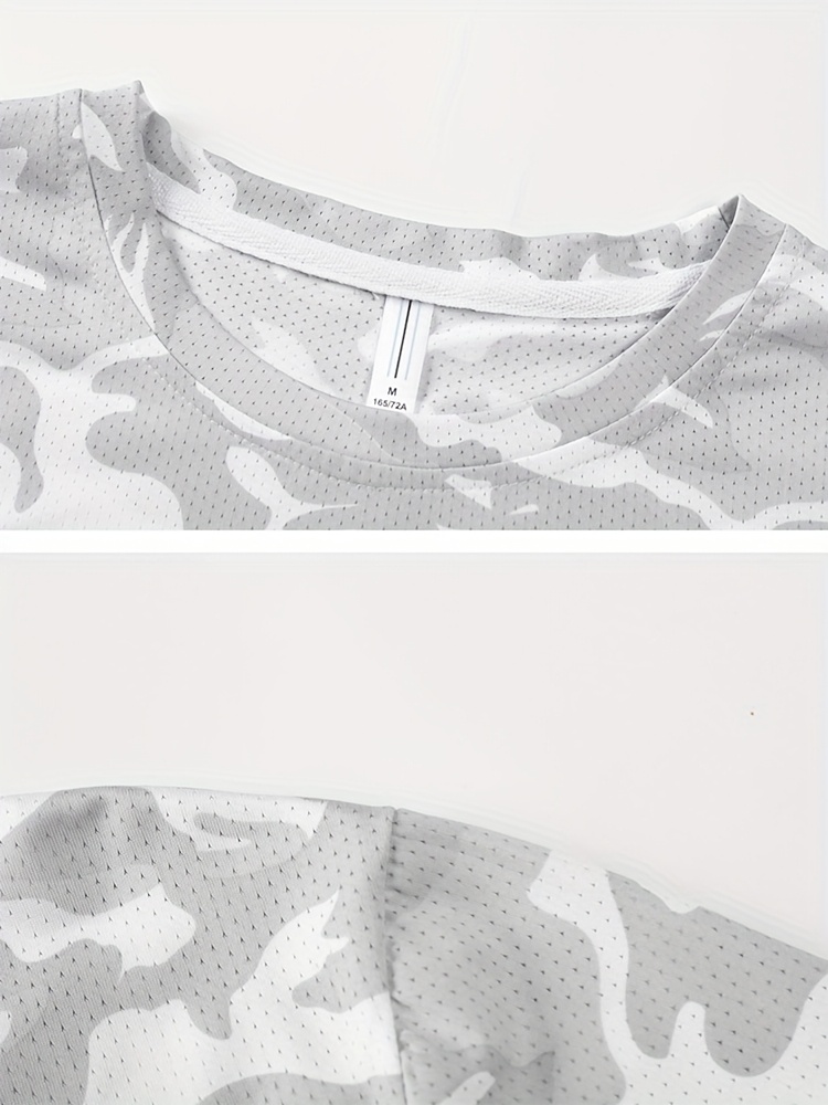 4pcs Men's Camo Athletic T-Shirts - Lightweight, Breathable Mesh Short Sleeve Crew Neck Tops for Running, Gym & Casual Wear - Moisture-Wicking Quick-Dry Tees in Blue, Black, White & Gray Camouflage Patterns, Gym Shirts