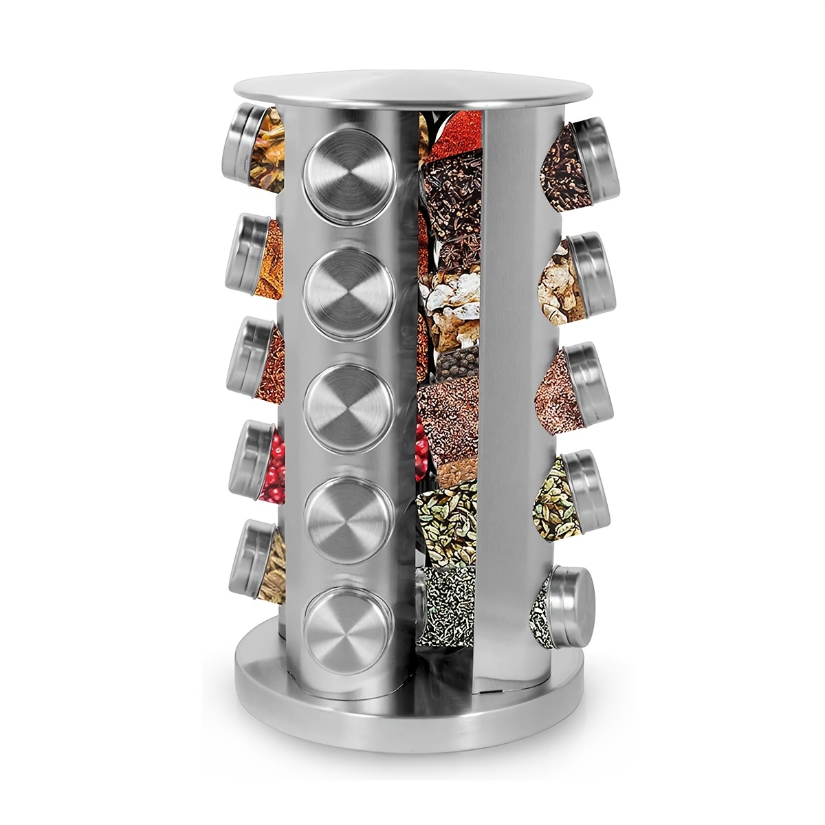 TEMU 20-jar Stainless Steel Spice Rack With Glass Jars - 360° Rotating Countertop Organizer, Metal Step Shelf, Multipurpose Space-saving Design,