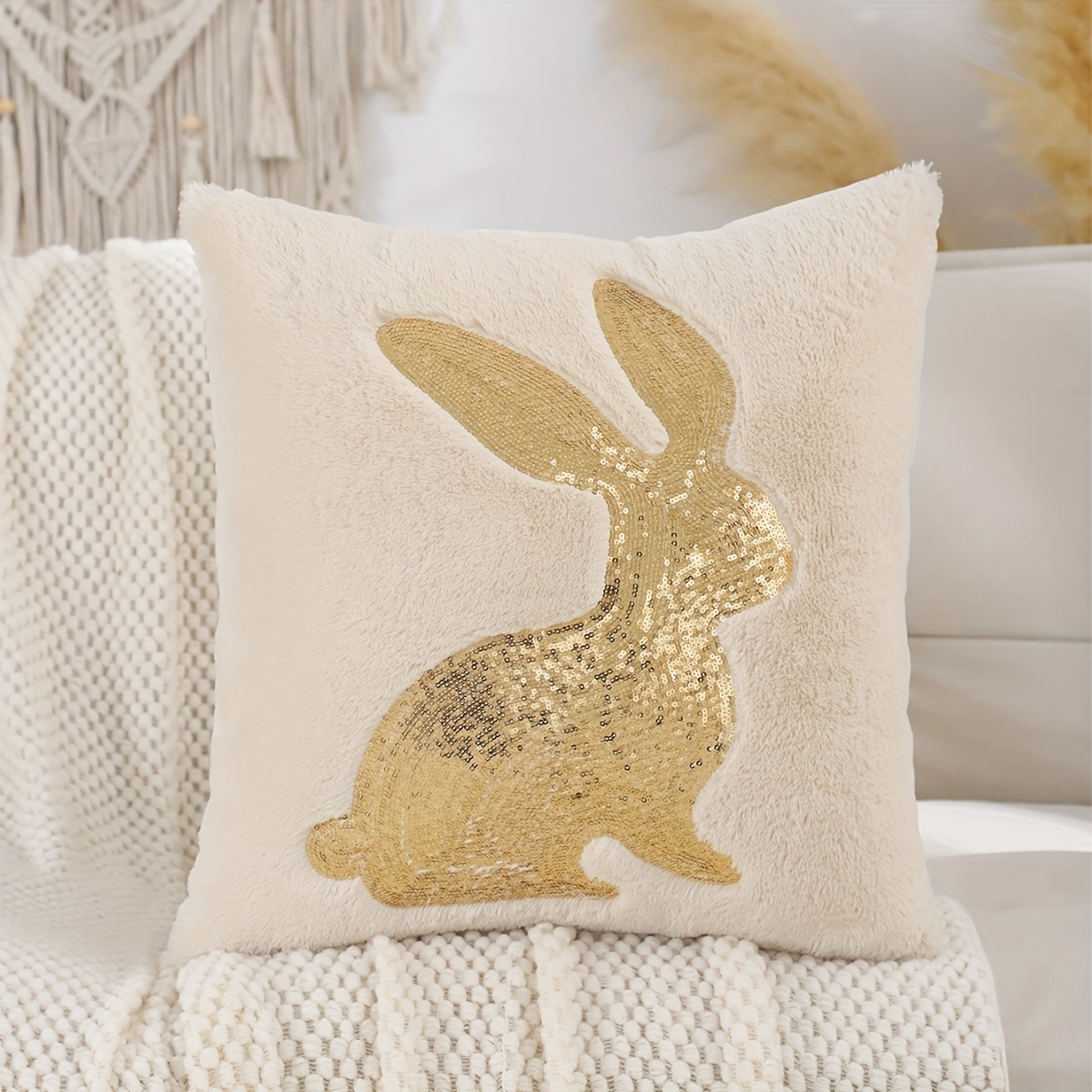 

1pc Easter Decorative Throw Pillow Cover Rabbit Golden Sequin Embroidery Plush