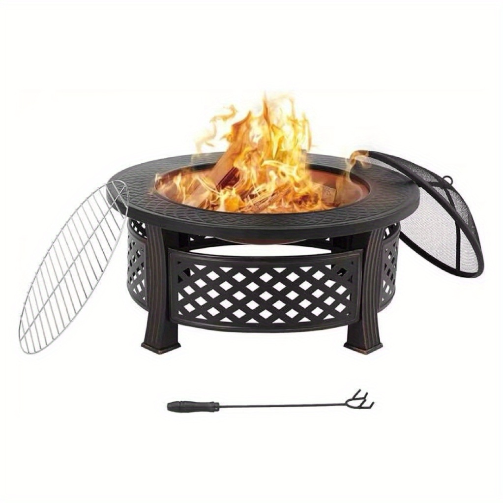 Image of Round 81cm Iron Heater With A And Grill Grate, Vintage Fire Pit Basket, Fire Bowl With Poker For Outdoor Use, Perfect For Gardens, Campfires, Camping, And During Christmas