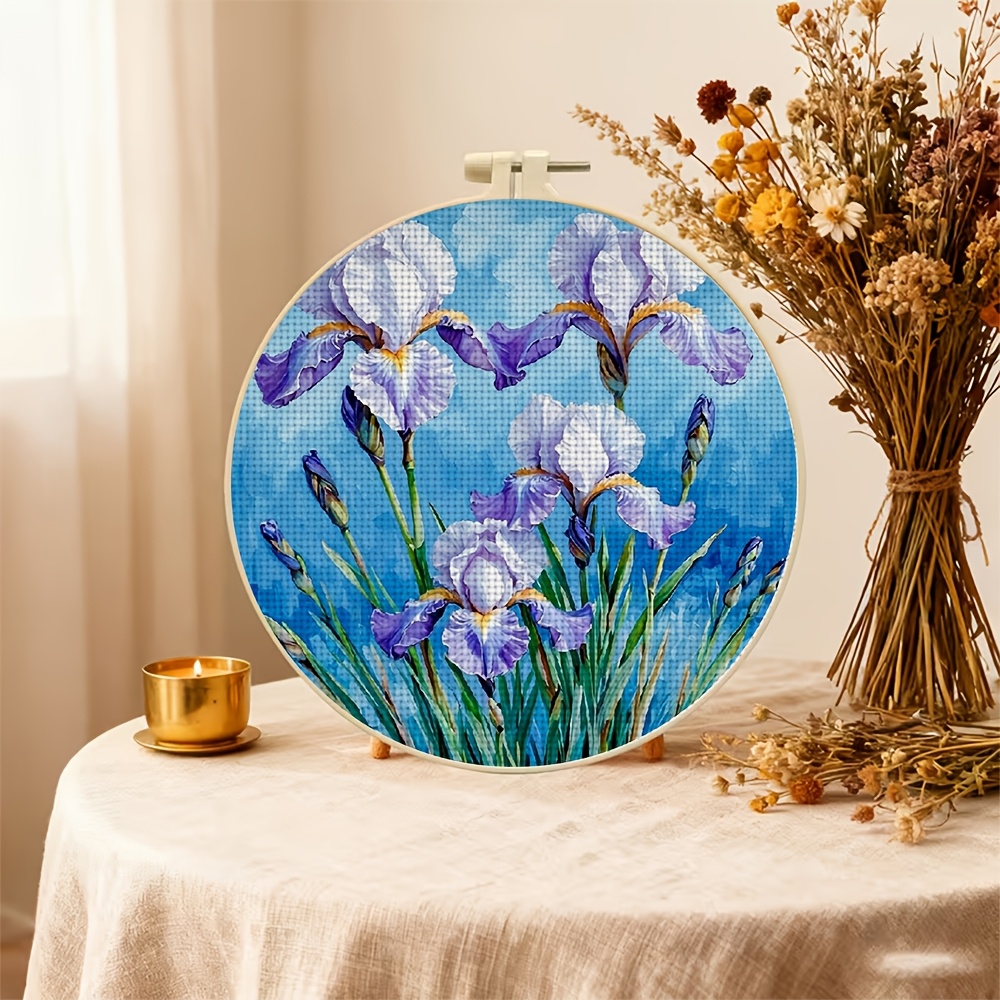 Embroidered Hoop Adult Cross Stitch Printed Kit, Blue Background Iris Blooming