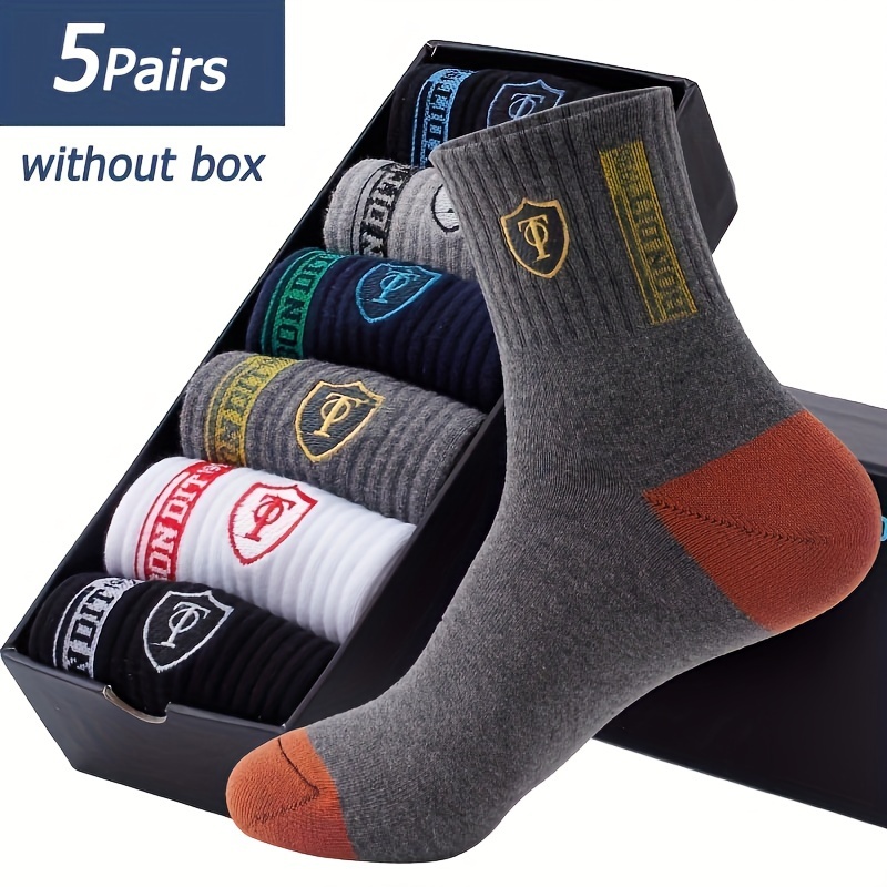 

5 Pairs Men's Cotton Sweat Absorption Crew Socks, Comfy & Breathable Embroidered Elastic Athletic Socks For Men's Outdoor Activities All Seasons Wearing