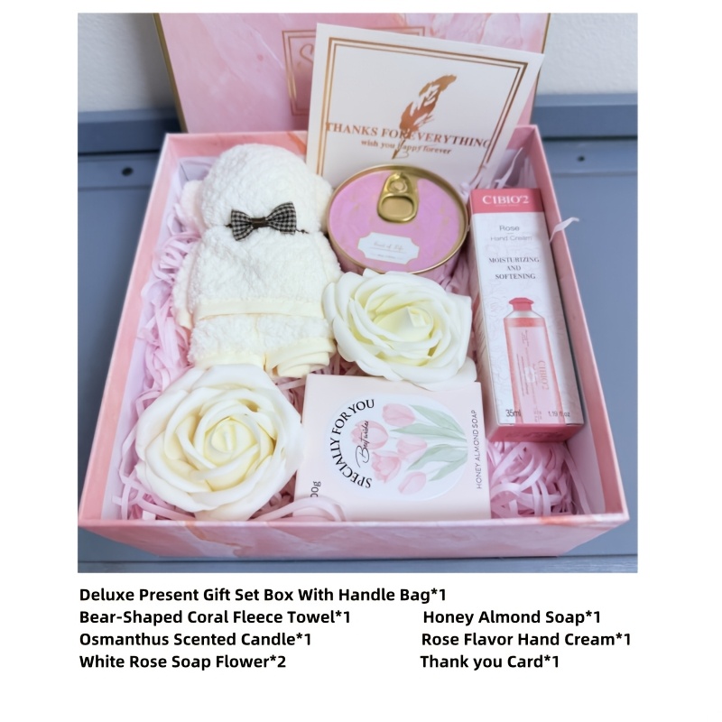 TEMU Gift For Her/him Deluxe Present Gift Box Packs With Card And Handle Bag, Bear Towel, Scented Candle, Fragrance Soap, Hand Cream, Rose Soap