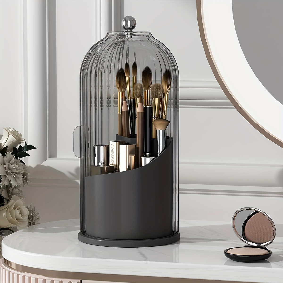 

Makeup Brush Holder Storage Box With Lid, 360 Degree Rotating Transparent Dustproof Makeup Brush Storage Box, Suitable For Dressing Tables, Tabletops, And Bathroom Countertops