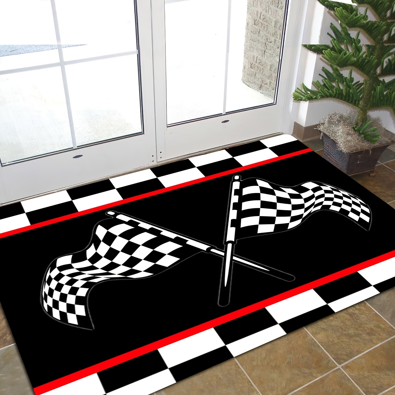 TEMU Racing Checkered Theme Doormat, Featuring A Black And White Checkered Flag Print, Machine Washable Flannel Non-slip Welcome Mat, Suitable For ,