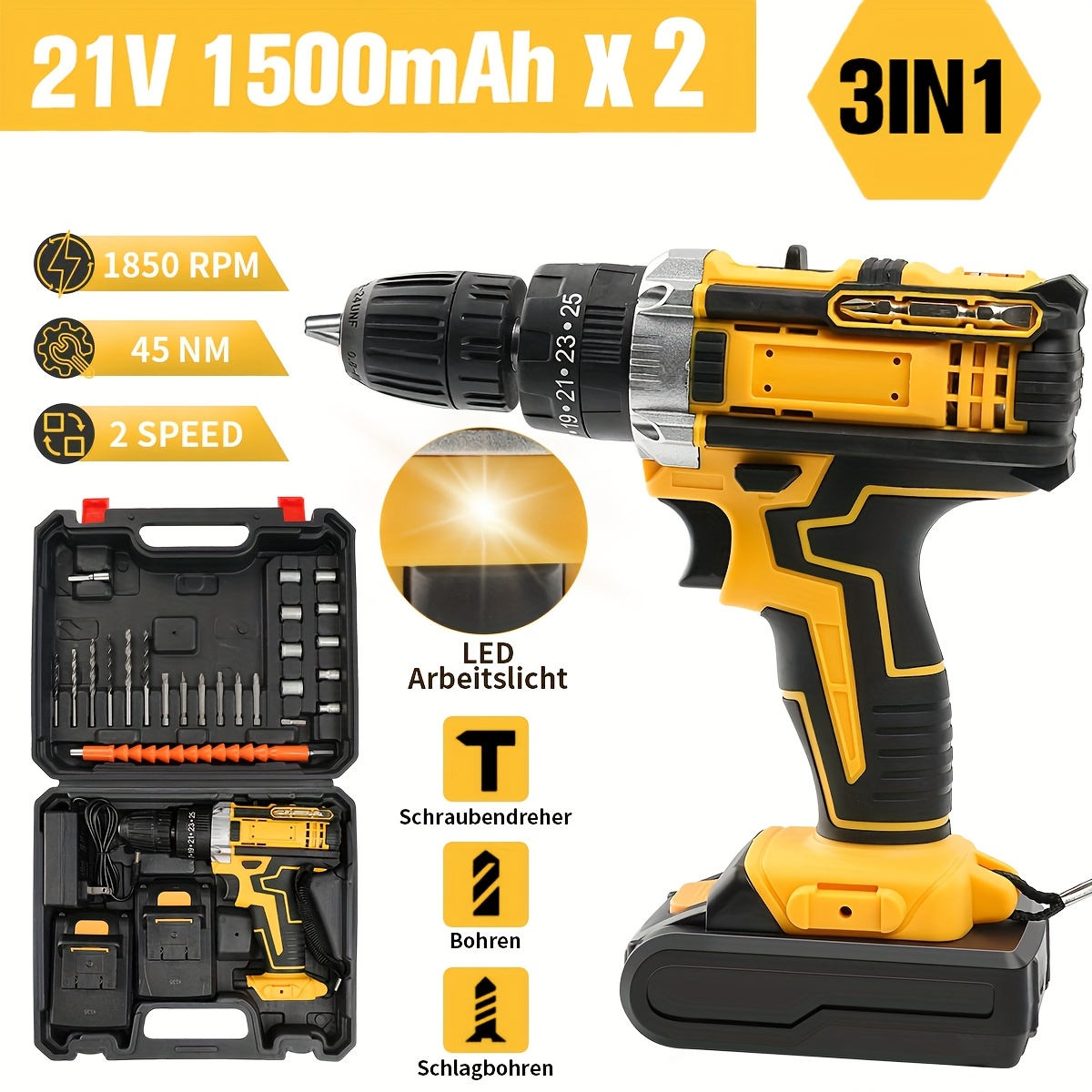 3-in-1 21V Accuboormachine en Schroevendraaier Set, Elektrische Boorset met 2 Snelheden