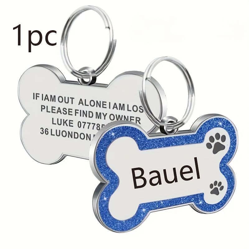 1pc Personalized Glitter Dog Tag - Custom Engraved Bone ID Tag with Name and Text, Pink Sparkle Surface, Paw Print Design, Perfect for Dog Collars & Leashes