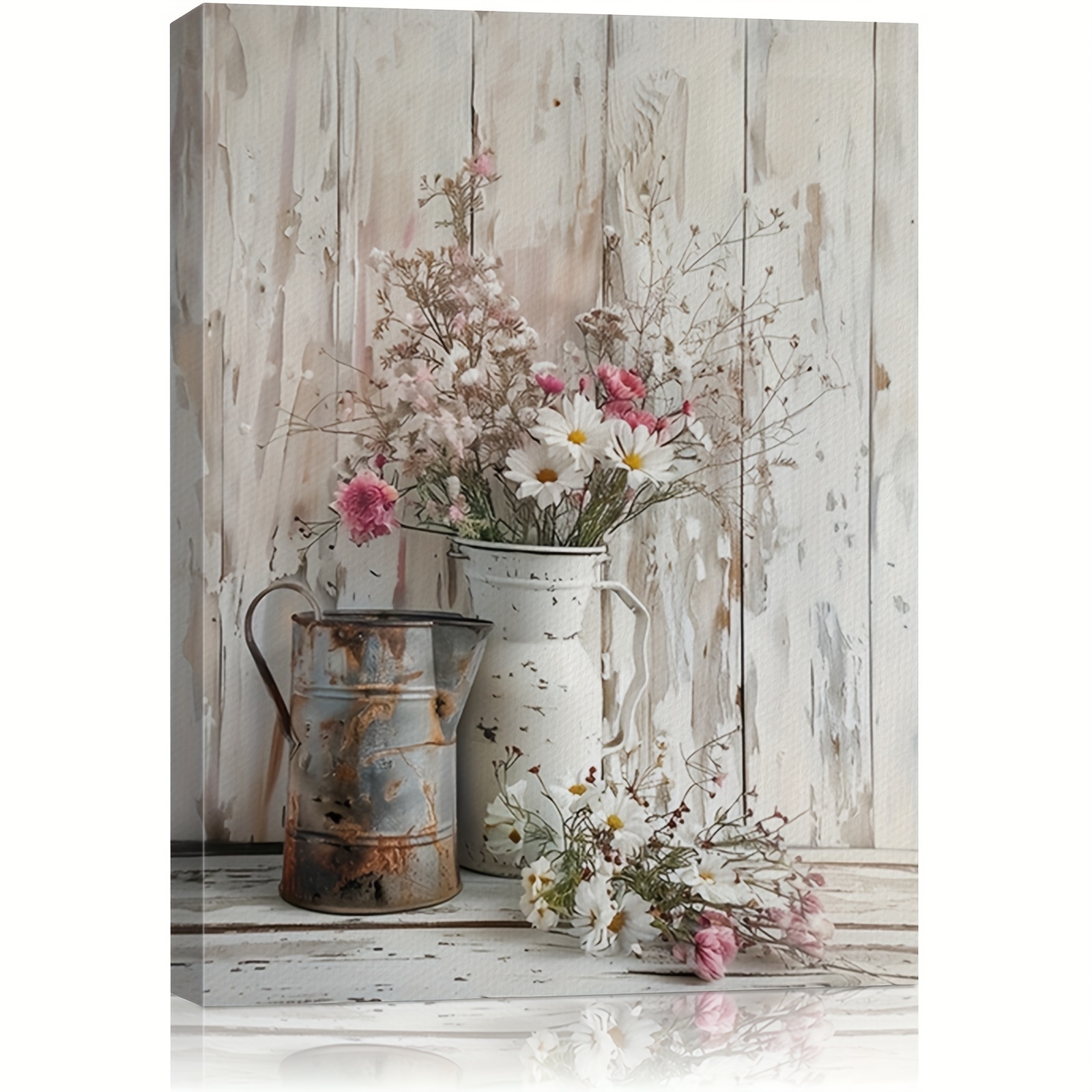 TEMU Impression sur Toile Florale Rustique avec Cadre en Bois - Décoration de à , Peinture Rouge Jasmin et Tuyau d'Eau Rouillé, Adaptée pour Salon