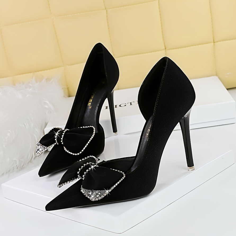 

Women's Elegant Pointed Toe High Heels, Fashion Point Toe Dress Pumps, Shallow Cutout Side With Rhinestone Bowknot