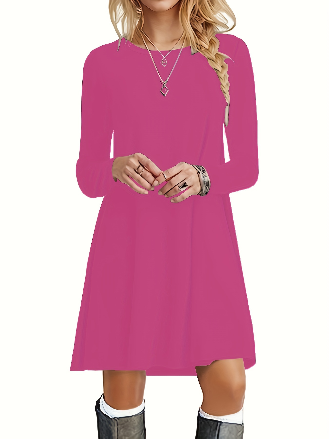 DEARCASE Women's Long Sleeve T-Shirt Dress - V-Neck, Loose Fit, Above Knee Swing Dress (Rayon/Spandex, Sizes S-3XL)