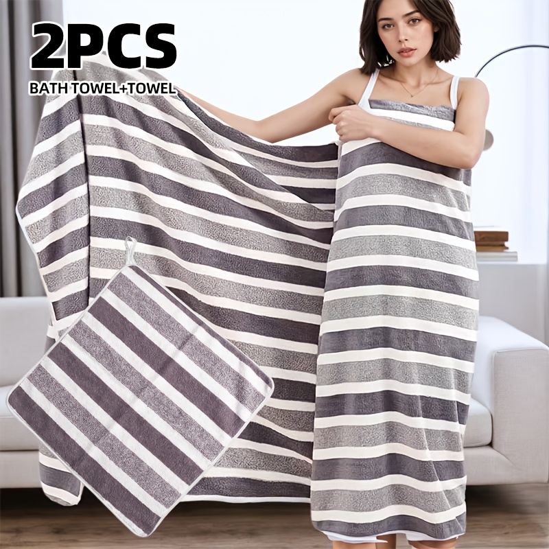 TEMU 2pcs Colored Wide Stripe Oversized Bath Towel Set Including 1pc 90 X 180cm [35.43 X 70.87 Inch] Bath Towel And 1pc 30 X 30cm [ X Inch] Hand