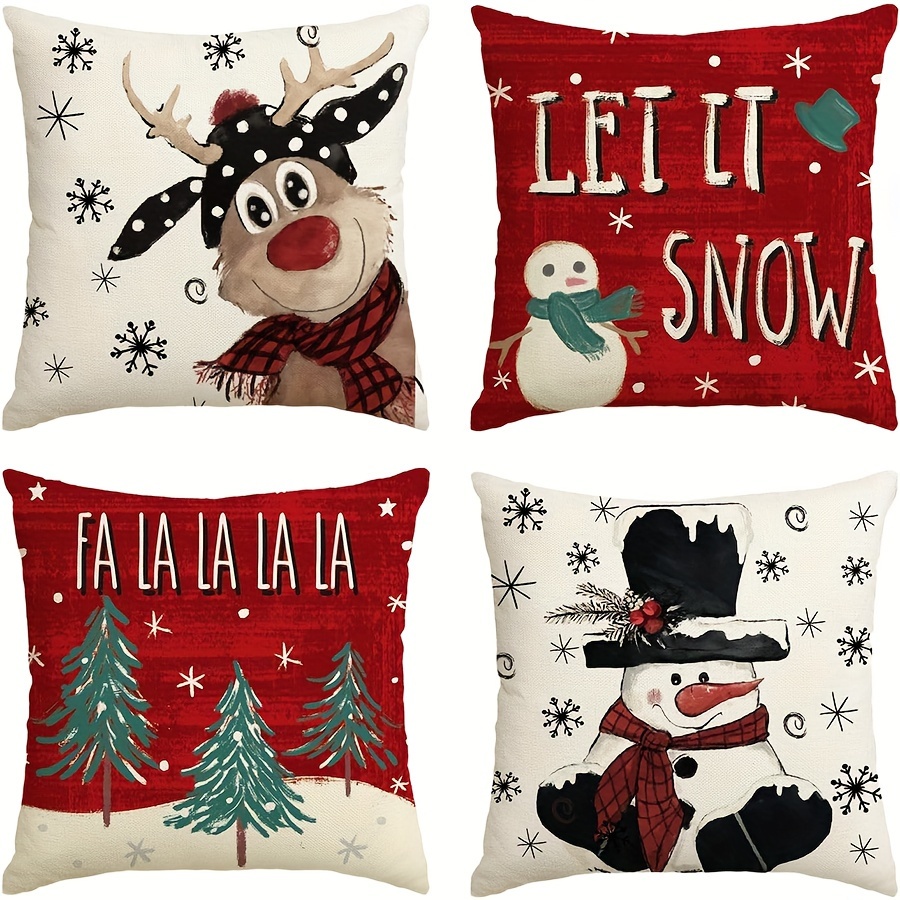 

4-pack Christmas Throw Pillow Covers, Country-rustic Style Linen Cushion Cases, Reindeer Snowman Tree Patterns, Machine Washable, Invisible Zipper Closure For Room Decor