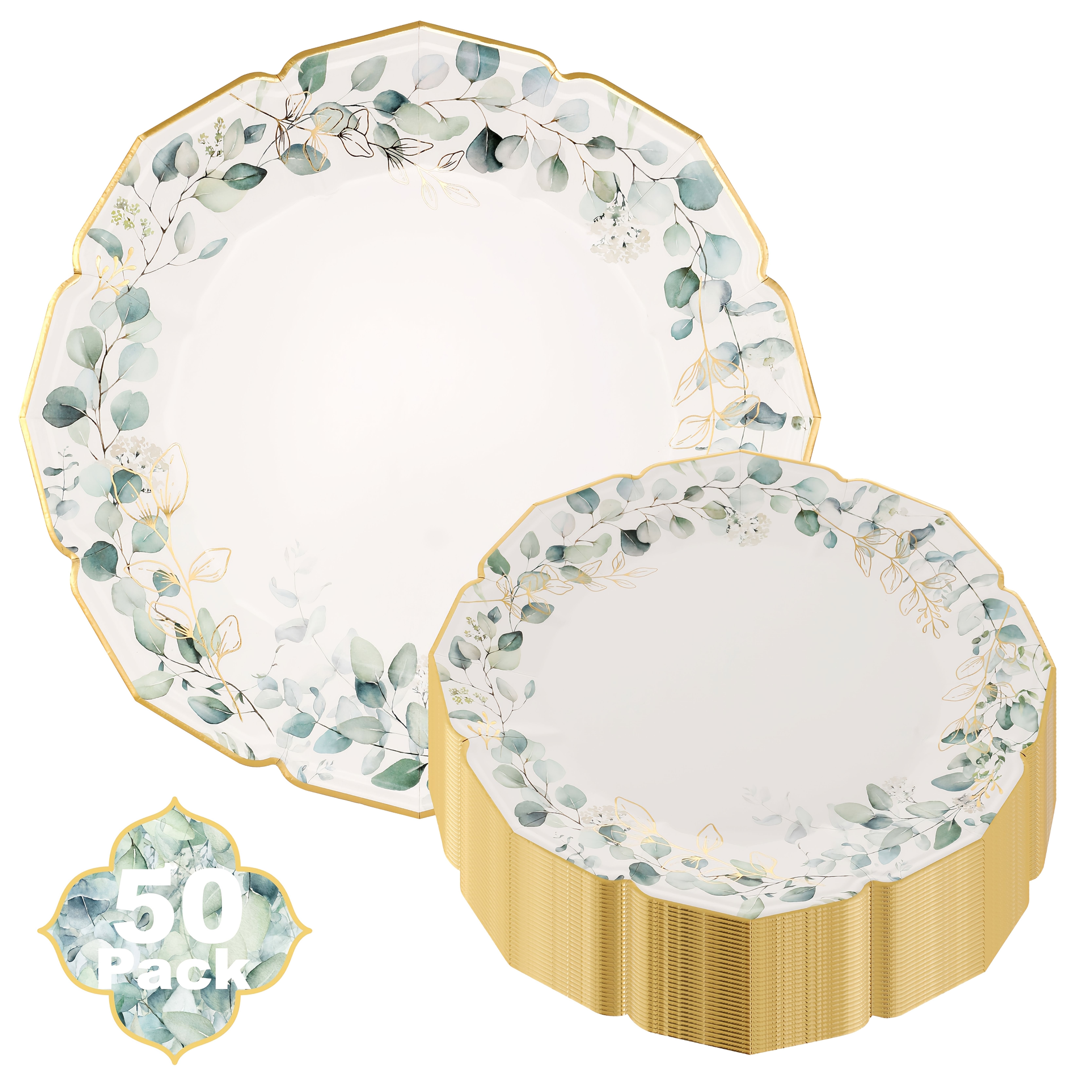 E-shop 20/50er Pack GROSSES BUCH 10 Zoll Eukalyptusblatt Pappteller - Boho-Stil Grünes Laub Charger Geschirr mit Goldakzenten, Hochwertige Beschichtung