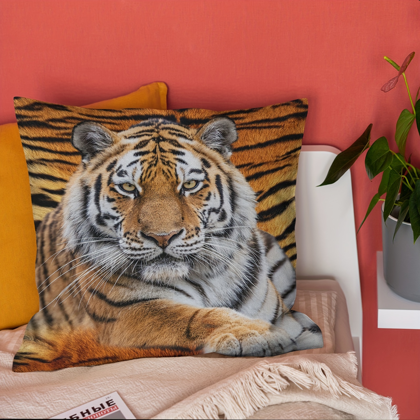 

Tiger-themed Soft Plush Throw Pillow Cover, 18x18 Inches - Zippered, Single-sided Print For Sofa & Bedroom Decor, Machine Washable Cushion Pillow Cover Animal Print Pillow Covers