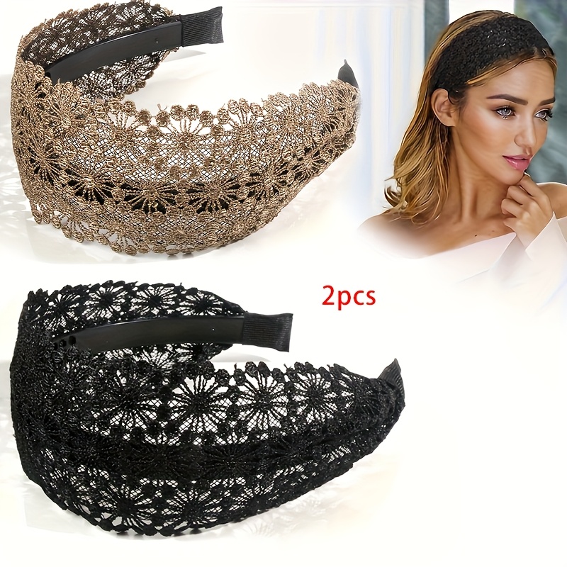 E-shop 2er-Set Temperament Mode Schirm Hut Haarband Stickerei Haarband Damen Haarbedeckung Hohler Kopfschmuck mit Zähnen Anti-Rutsch Stirnband zum
