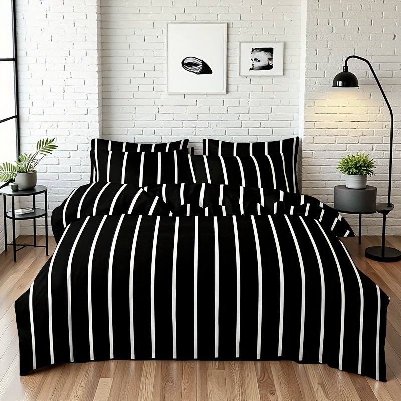 Image of 3pcs And White Striped Duvet Cover Set | 2pcs Pillowcases And 1pc Duvet Cover | Suitable For Dorm Beds, Single Beds, Double Beds, Full Size Beds, Extra Large Beds
