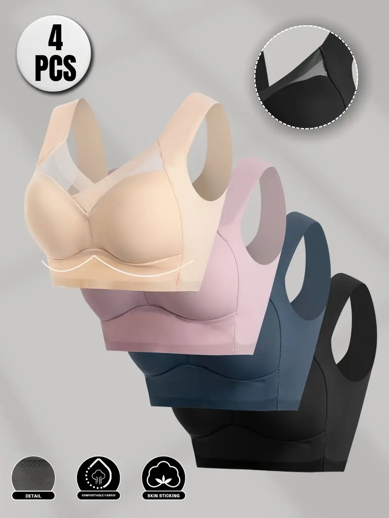 4pcs seamless wireless bras for women breathable mesh no underwire full coverage elegant solid colors black beige blue turquoise comfortable everyday wear nylon elastic Product details 0