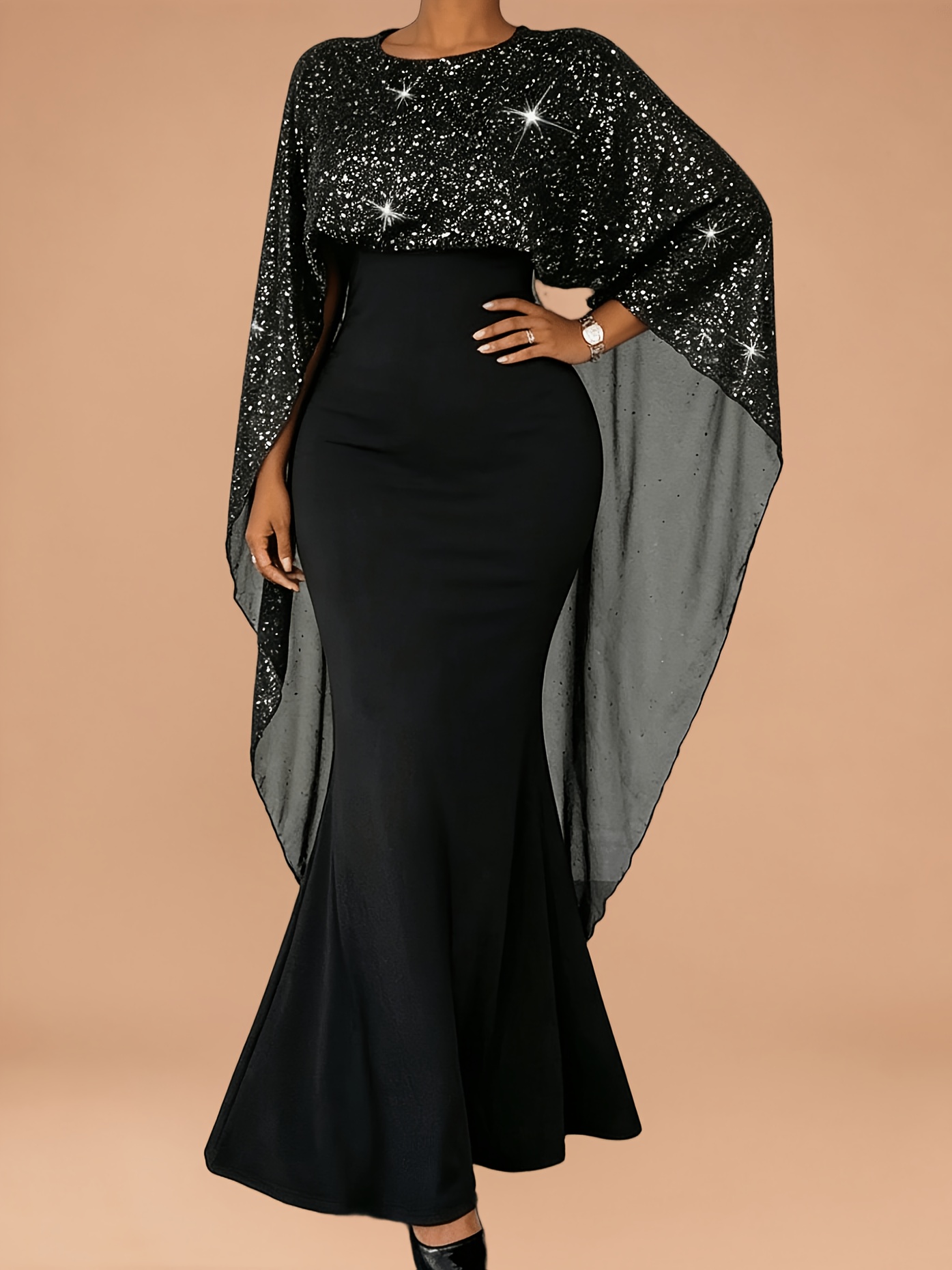 formal dresses over 40 Tea-Length Mother of the Bride Sheath Dress with Detachable Beaded Cape and  Ruffles – misshow.com main image 1