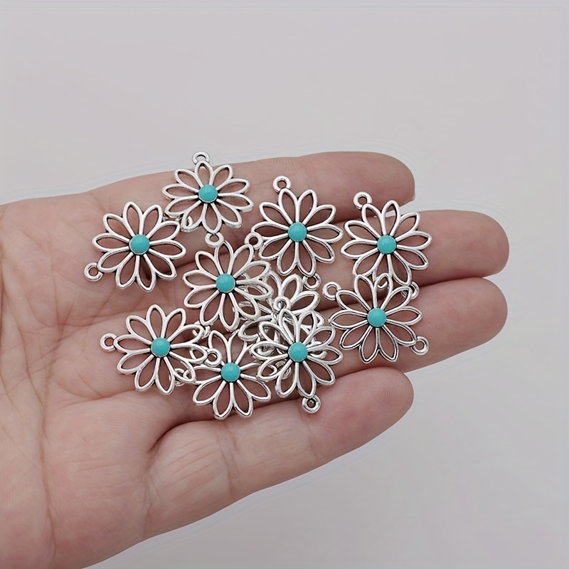 

10pcs Silver-plated Zinc Alloy Flower Charms With Blue Center, Hollow Floral Connector Pendants For Diy Jewelry Making, Ideal For Crafting Bracelets, Necklaces, And Earrings