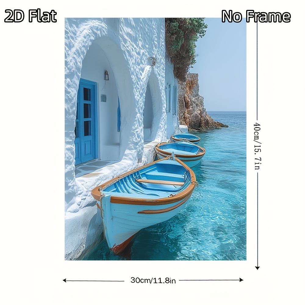TEMU Stampa su tela 2D piatta, 1 pezzo di su tela senza cornice con barche da pesca greche, misura 30,48x40,64 cm. Questa decorazione da parete blu e