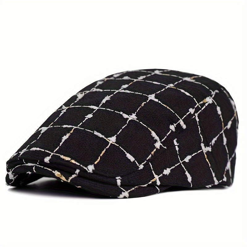 Men's Cap Wool Flat Cap, in Hounds Tooth Black and White Print