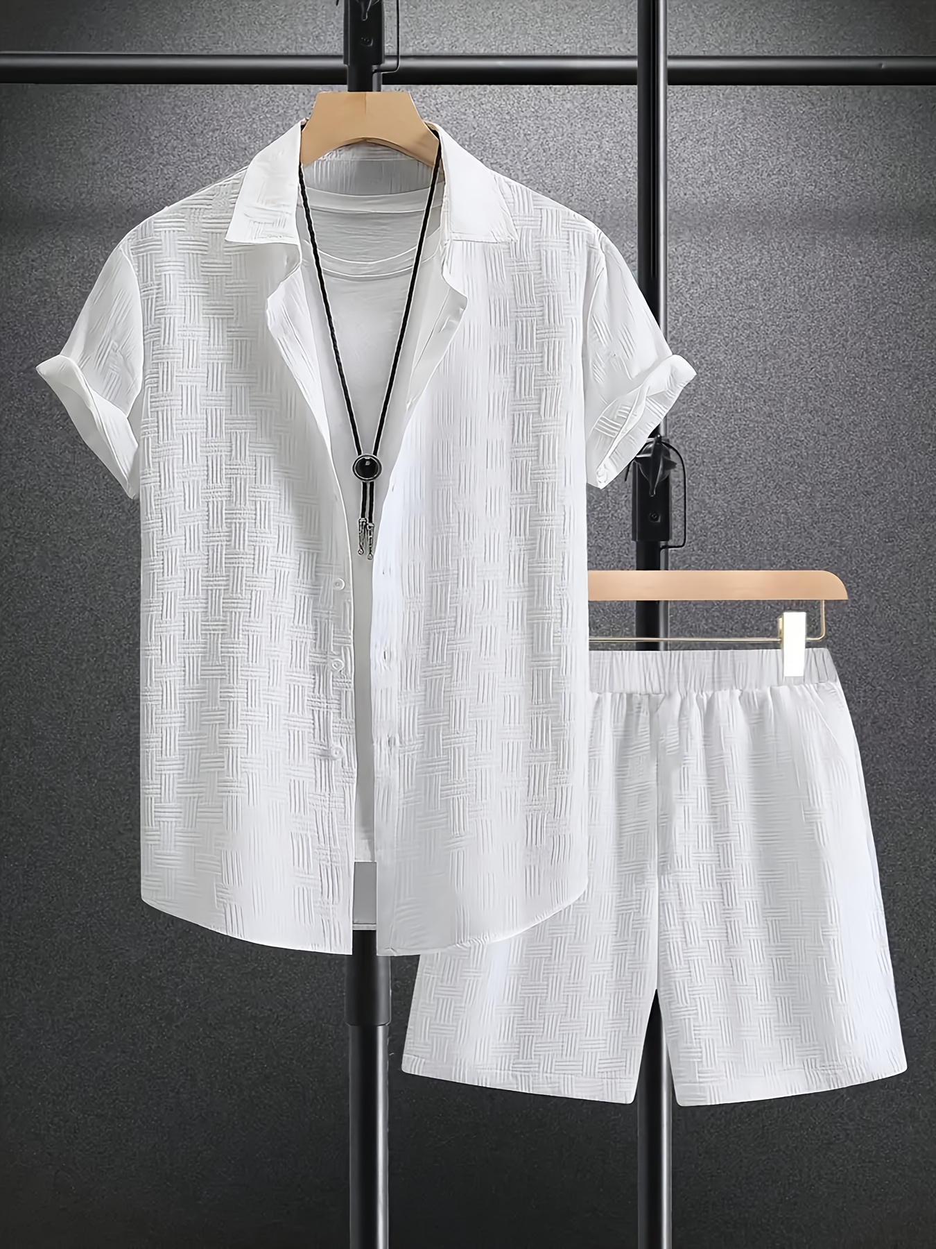 Men's Outfit, Checkered Print Lapel Short Sleeve Button Up Shirt & Shorts 2pcs Co Ord Set for Outdoor Activities