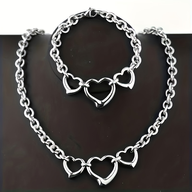 

2pcs Sweet And Cute Lives Heart Shaped Pendant O-shaped Chain Bracelet Necklace Set