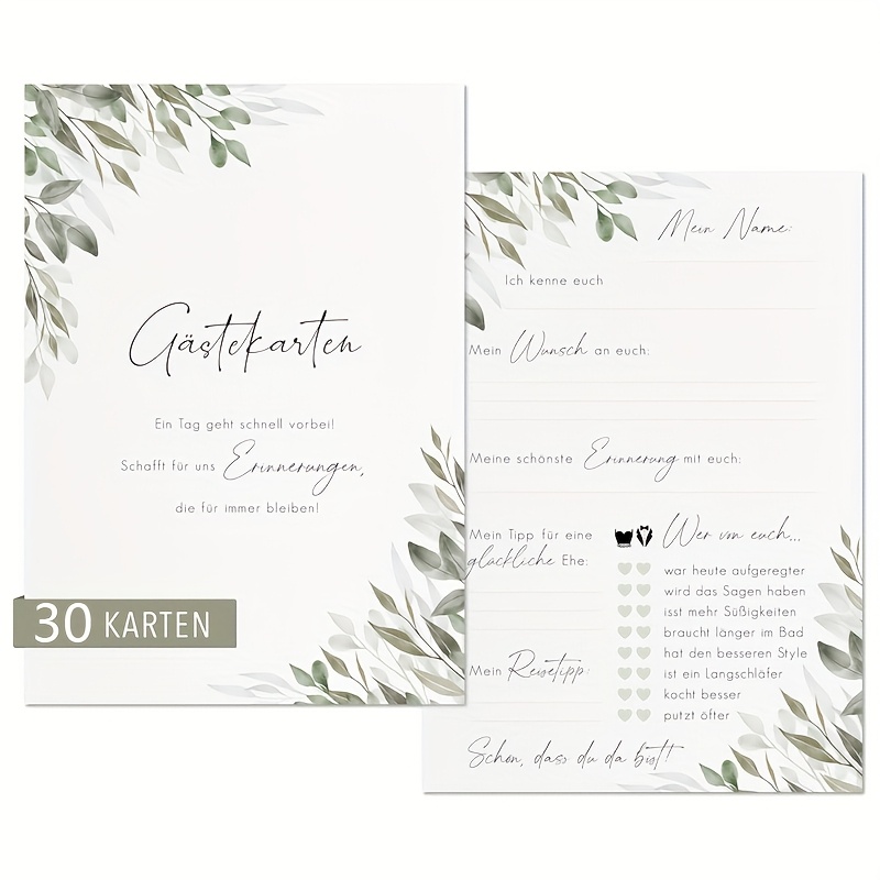 Image of German, Wedding Guest Cards - Wedding Guest Card Filler - Wedding Guest Book Cards - Guest Book Pages - Wedding Games - Eucalyptus Design, Paper Material