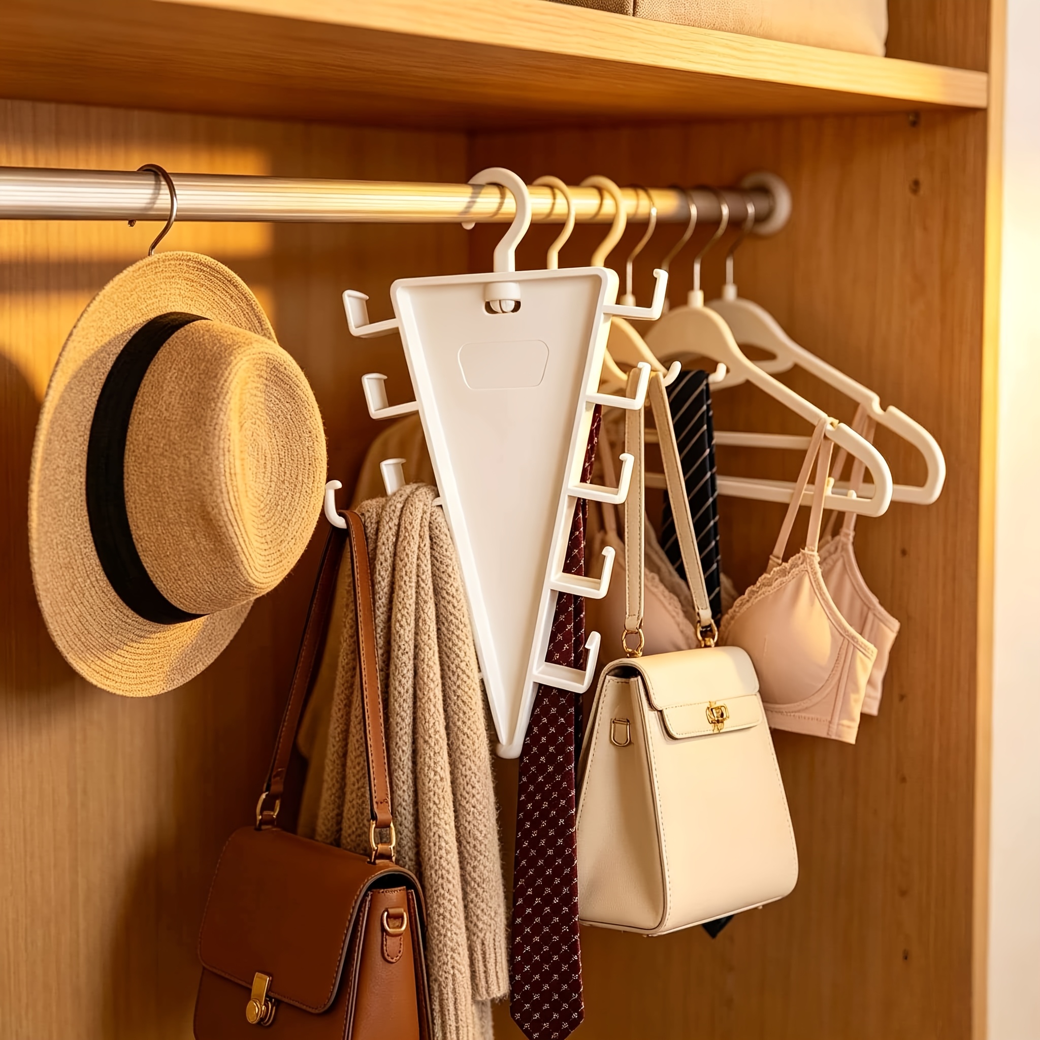 2pcs 360 rotatable triangular wardrobe organizer hanging rack multi functional clothes and hat hook 12 hooks space saving closet storage rack suitable for hats scarves ties handbags underwear belts briefs for home bedroom organization Product details 9