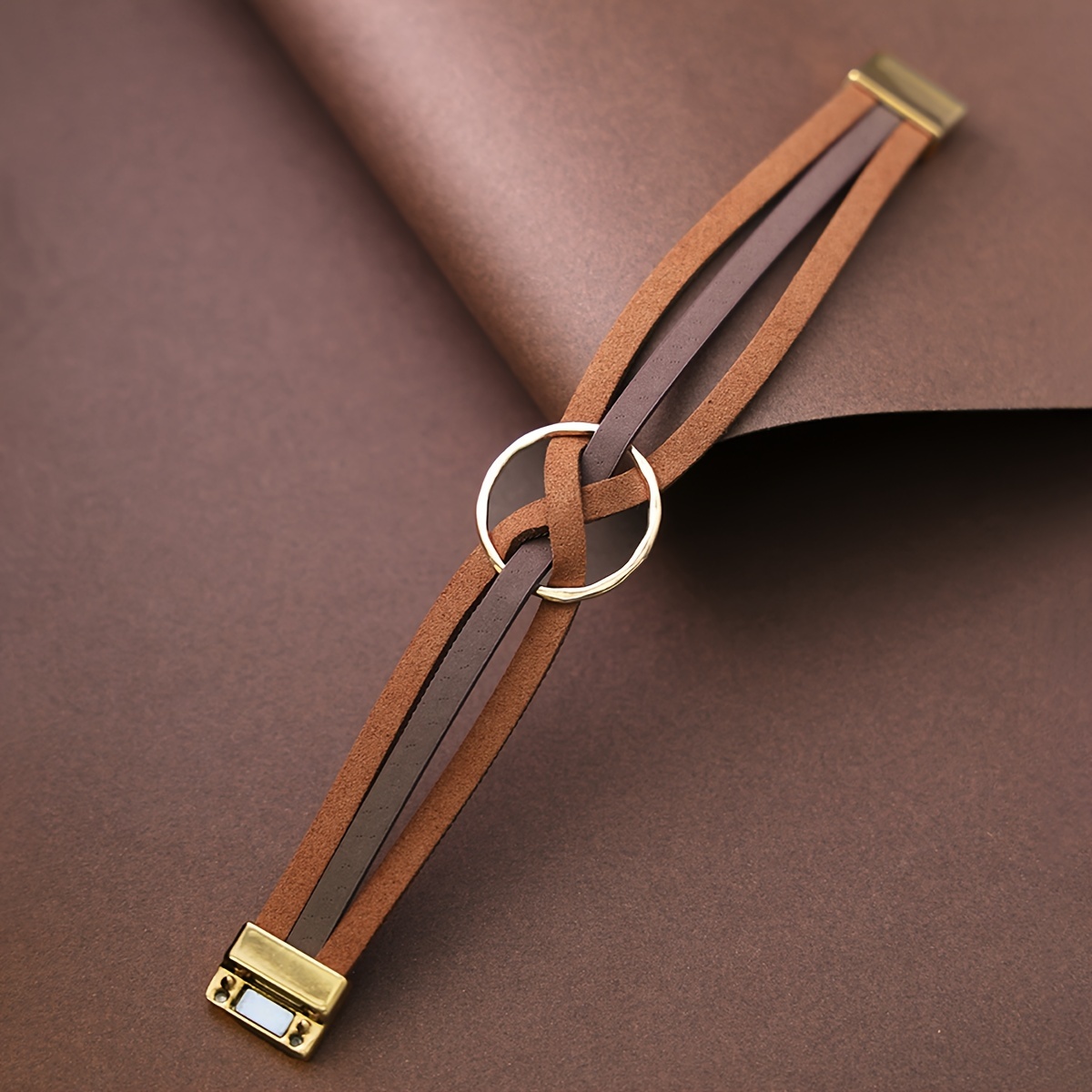 Minimalist PU Leather Bracelet with Circles, Magnetic Closure