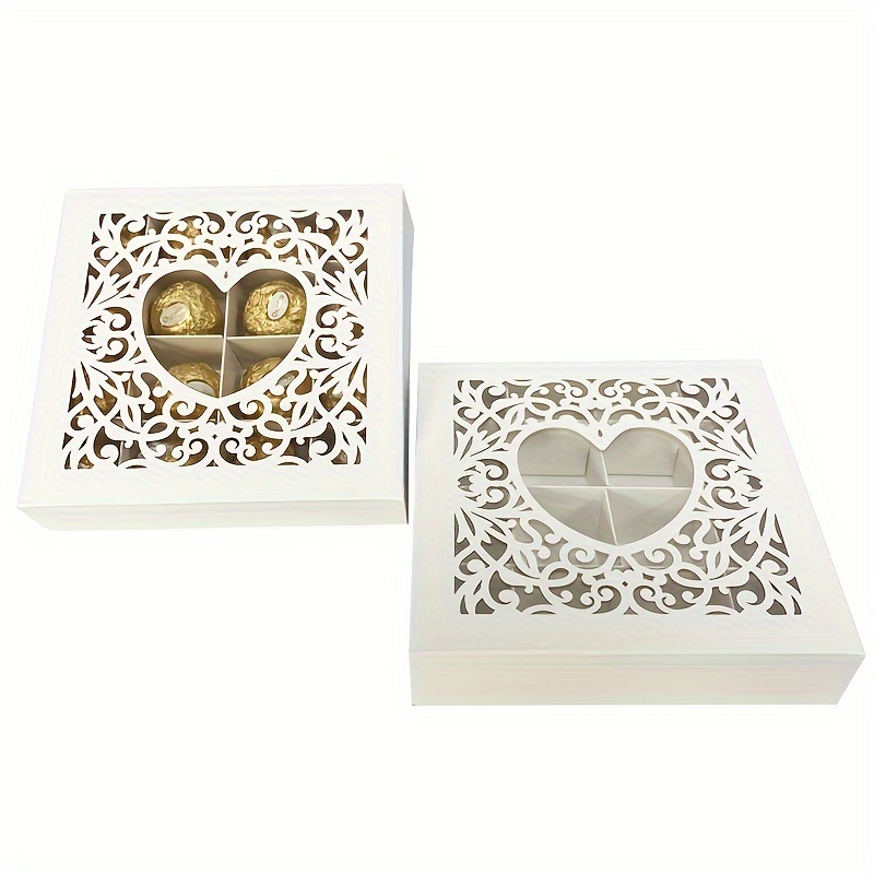 

1pc White Chocolate Candy Cake Gift Paper Boxes With Elegant Heart Cut-out Design, 16-grid For Baking Cookie Holiday Packaging, 9.5x9.5cm/3.74x3.74in Compartments, Party Dessert Presentation
